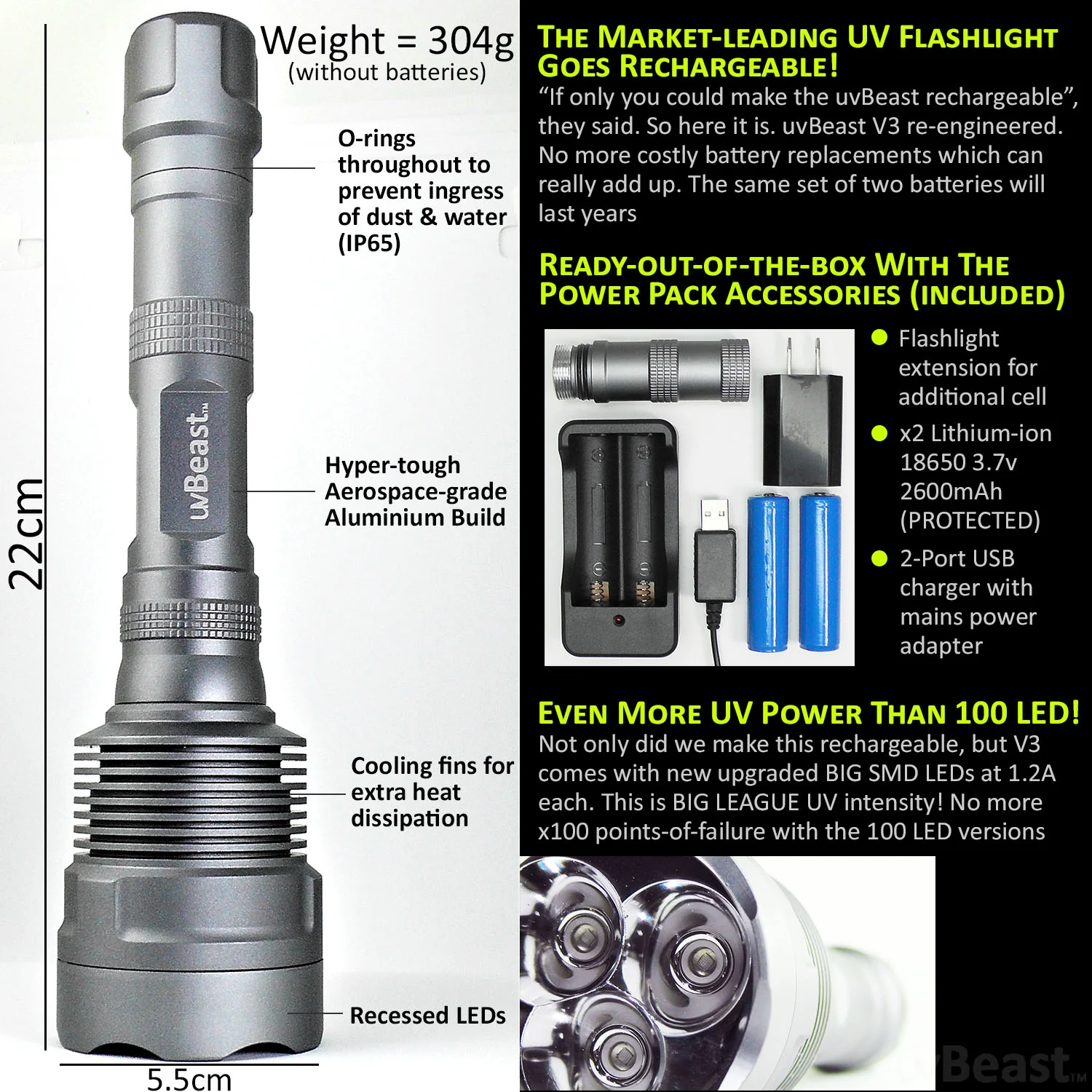 uvBeast Black Light UV Flashlight V3 385-390nm Rechargeable 18650 Battery POWER PACK EDITION - Image 3