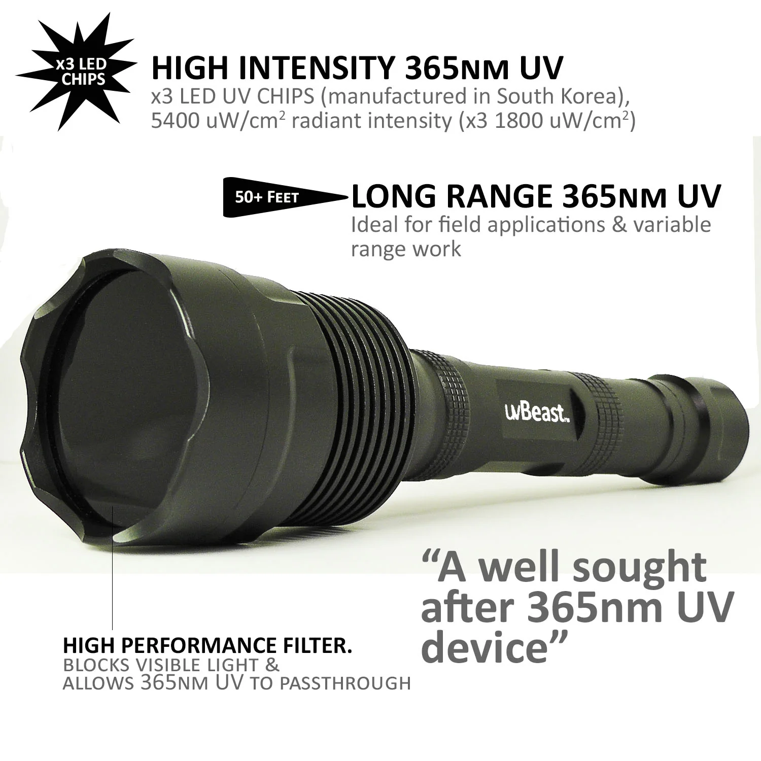 uvBeast Black Light UV Flashlight V3 365nm – FILTERED Ultraviolet - HIGH POWER and LONG RANGE Professional Grade 365nm Beam - Image 3