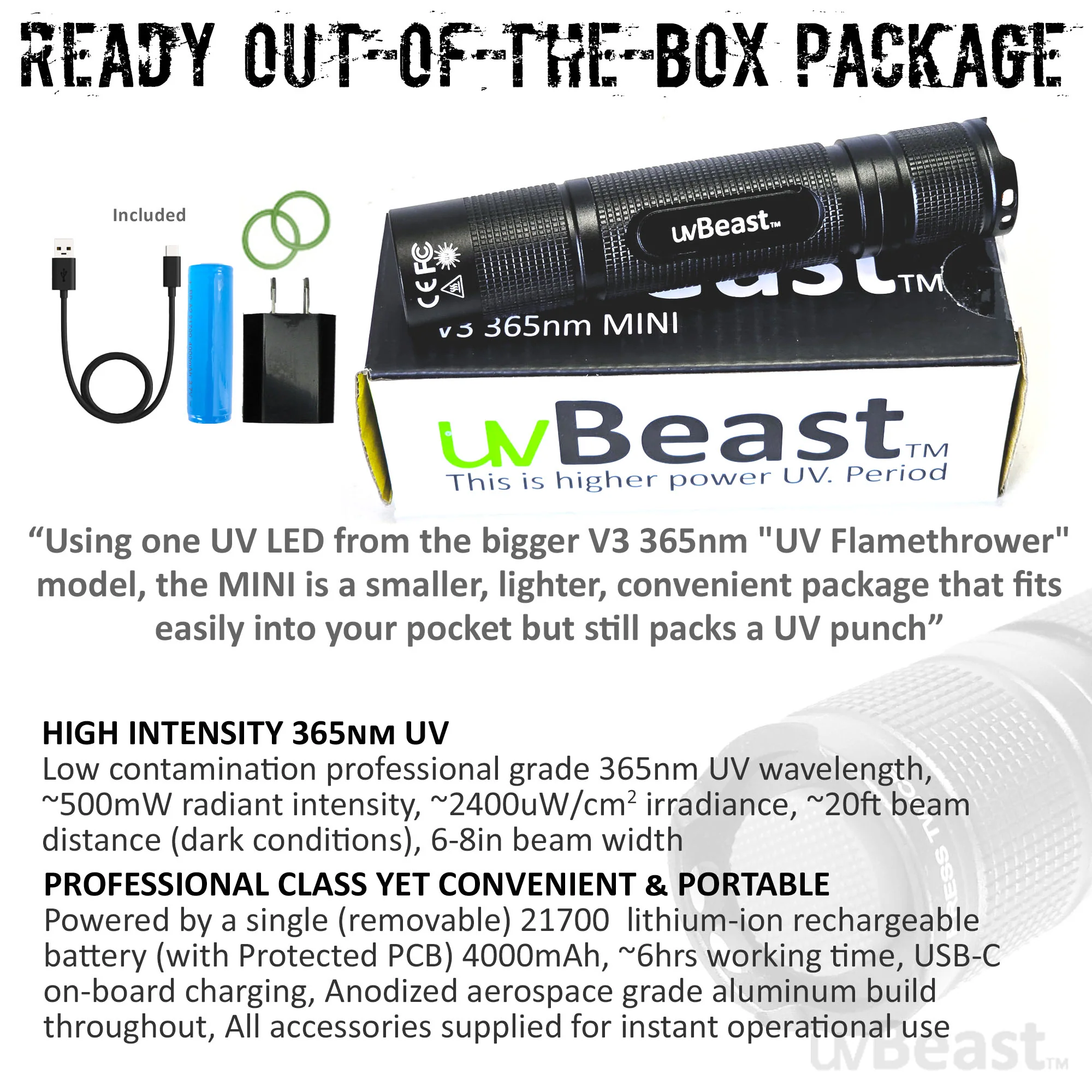 uvBeast Black Light UV Flashlight V3 365nm MINI - FILTERED Ultraviolet - USB-C Charge Port - Professional Grade - Image 6